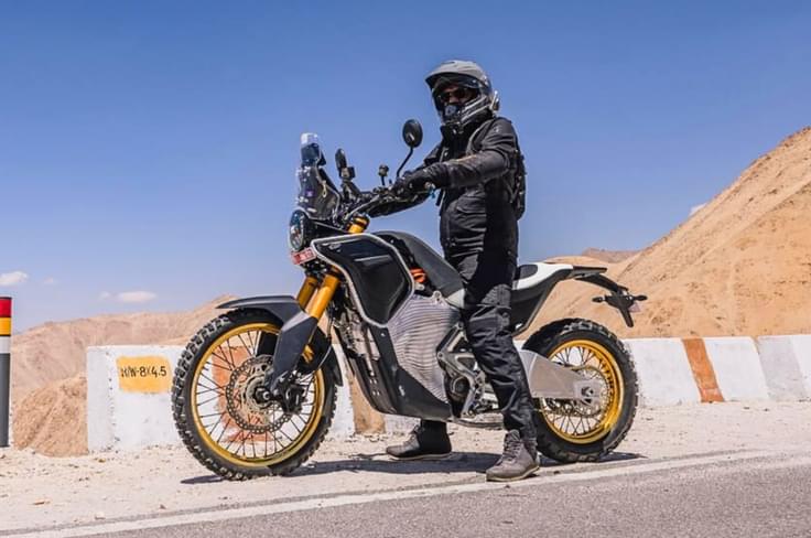 Royal Enfield has previously suggested that this electric prototype is not meant for near-term production Him E, Electric Himalayan with golden USD fork